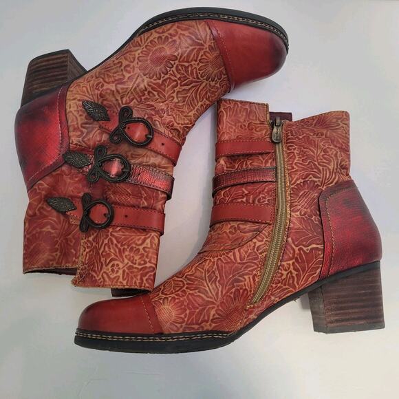 L'artiste Spring Step Elsie Red Leather Boots Boho Chunky Heel Womens 39 / 8.5US - Picture 6 of 11